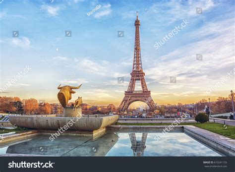 Eiffel Tower Sunset Paris France Romantic Stock Photo