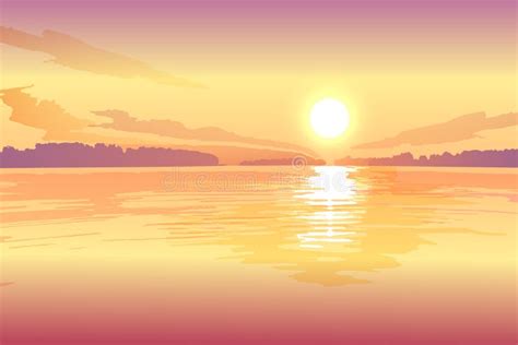 Sunset On The Lake Vector Landscape Background Stock Vector