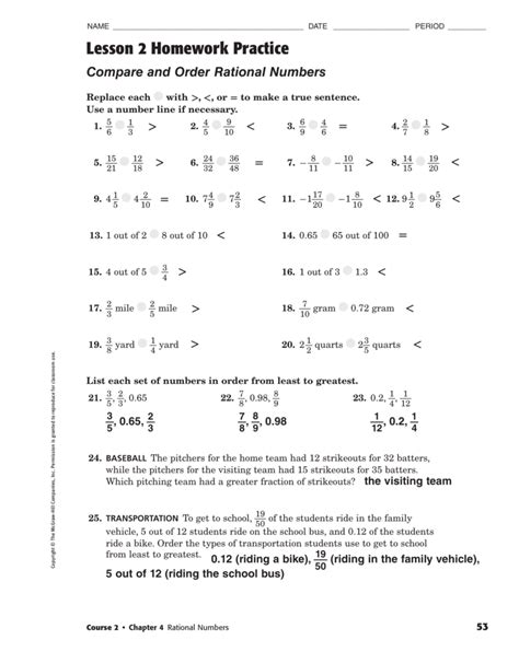 Worksheet 2.4 Comparing And Ordering Rational Numbers Answer Key