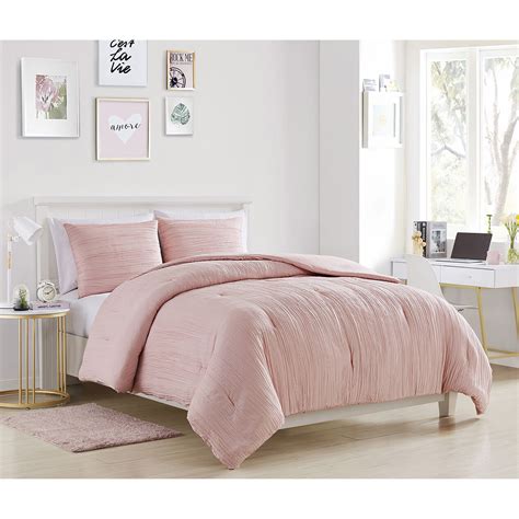 Made with microfiber polyester and cotton filled. 3-Piece Pleated Comforter Set, Full/Queen, Pink | At Home
