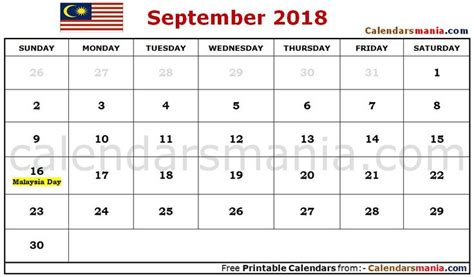 September 2018 Calendar Malaysia Calendar Word Calendar September