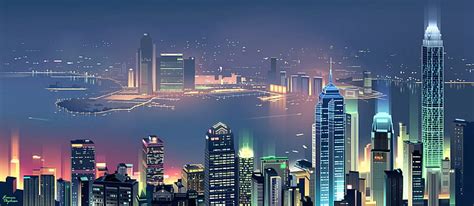 Hd Wallpaper Reflection Sea Hong Kong Night Vector The City Neon