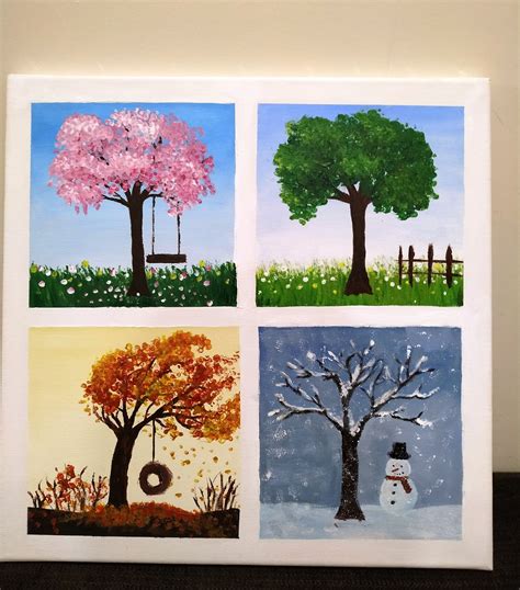 Hand Painted Acrylic Painting Four Seasons Theme Painted On Cotton