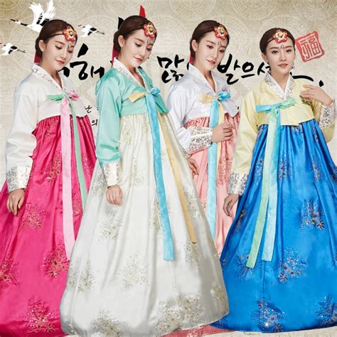 Blauw Borduurwerk Koreaanse Traditionele Jurk Roze Vrouwen Katoen