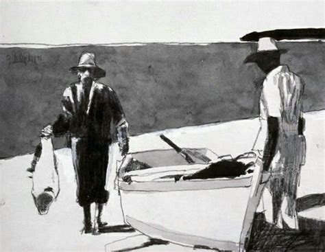 Two Men Standing Next To A Boat And Another Man With A Bag On The Beach