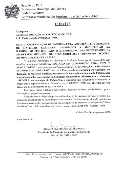 Carta Convite Prefeitura Municipal De Colares Gestão 2021 2024