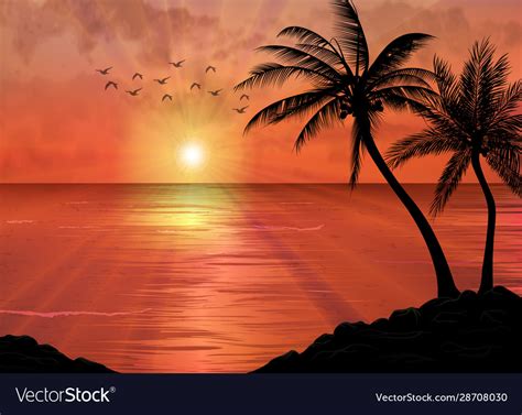 A Tropical Sunset Or Sunrise With Palm Trees Vector Image