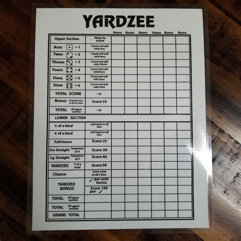 Yardzee Score Card Free Printable