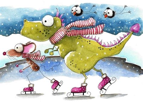 Aceo Print Whimsical Illustration Dinosaur Mouse Ice Skating Bird Crow