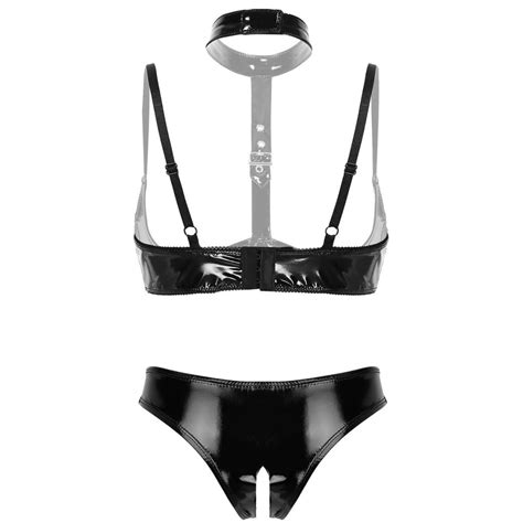 Womens Sexy Patent Leather Nightwear Erotic Latex Slutty Lingerie Set Open Cup Shelf Bra