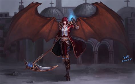 Red Haired Female Anime Character With Wings Scythe Hd Wallpaper