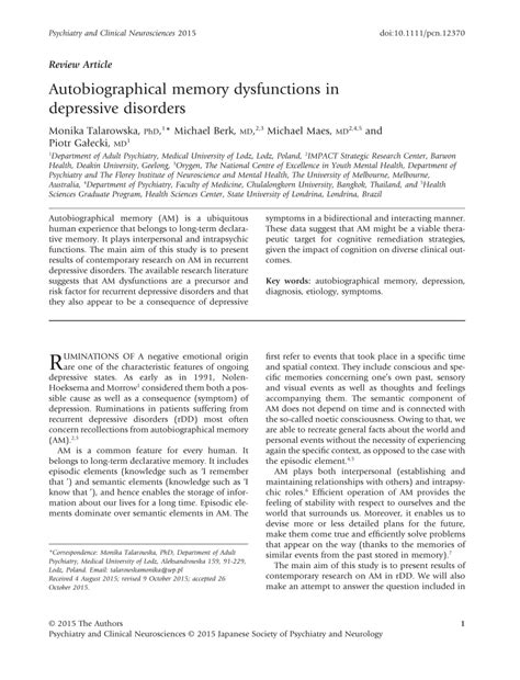 Pdf Autobiographical Memory Dysfunctions In Depressive Disorders