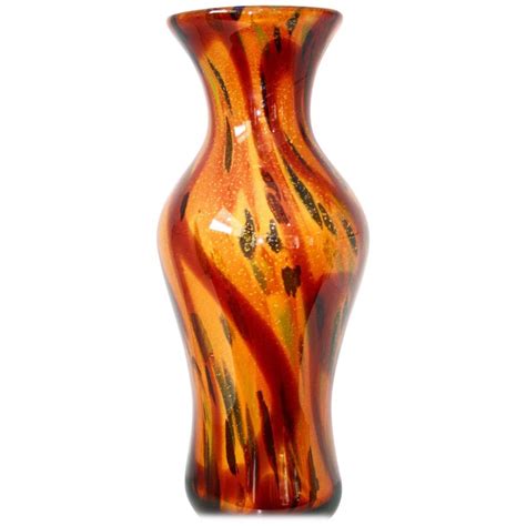 Murano 1960s Art Glass Vase With Swirls Of Orange Red Yellow And Blue At 1stdibs