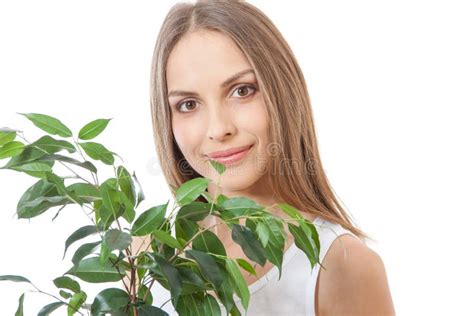 Female Face Behind Grin Foliage Plant Stock Photos Free And Royalty