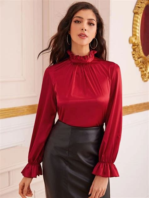 Frilled Neck Flounce Sleeve Satin Top Shein Usa Blouse Styles Blouse