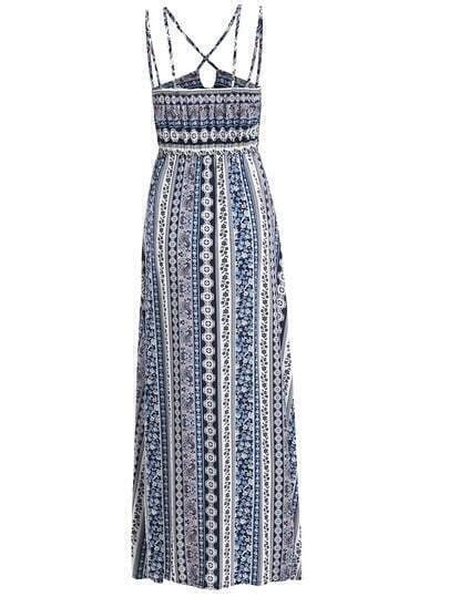 Blue White Spaghetti Strap Floral Maxi Dress Sheinsheinside
