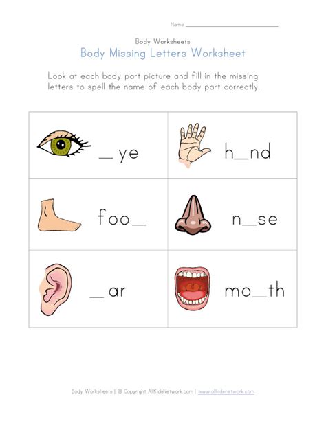 A crossword to practise body parts. Body Missing Letters Worksheet