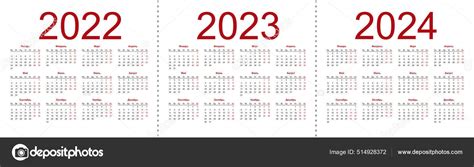 Calendar Grid 2022 2023 2024 Years Simple Horizontal Template Russian