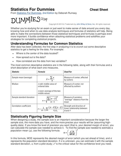 Statistics For Dummies Cheat Sheet Download Printable Pdf Templateroller