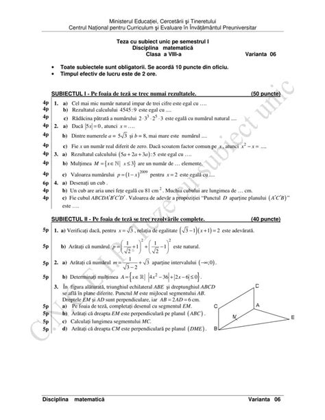 Teză Cu Subiect Unic Matematică Semestrul 1 Clasa A 8 A Modele Edu