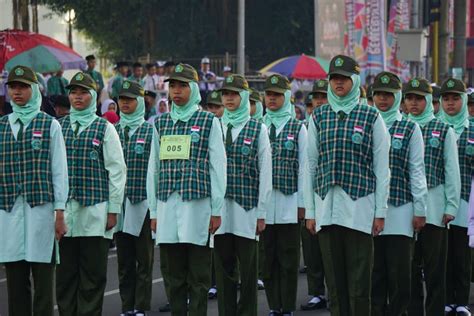 Indonesian Junior High School Students Participating In Marching Baris