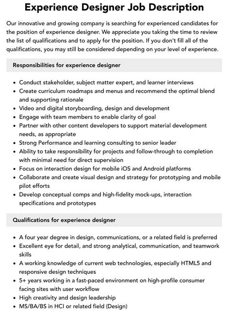 Experience Designer Job Description Velvet Jobs