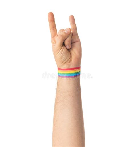 Hand With Gay Pride Rainbow Wristband Shows Rock Stock Image Image Of Bracelet Rainbow 114640911