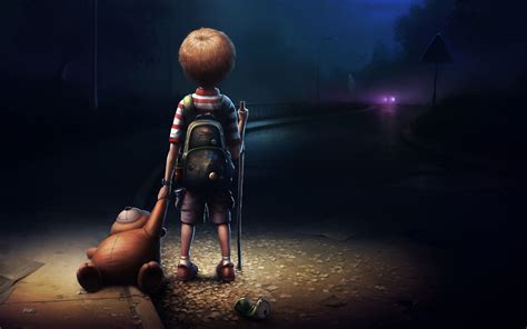 Digital Art Fantasy Art Children Teddy Bears Alone Sad Road Night Road
