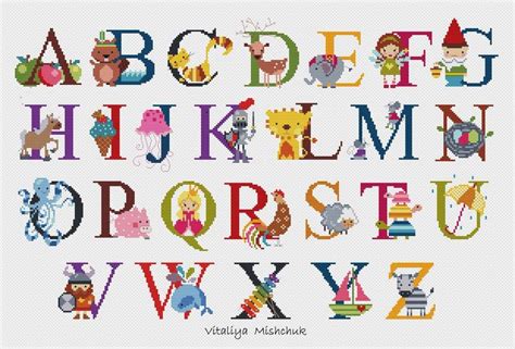 Baby Alphabet Cross Stitch Pattern Letters Animals Font Kids Child Easy