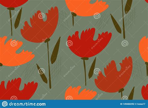 Red Tulips Seamless Pattern Vector Floral Design Primitive Scandinavian