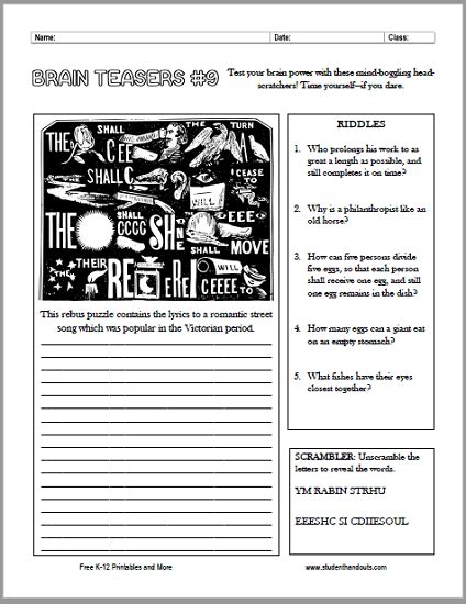 Brain Teasers Worksheet No 9 Student Handouts