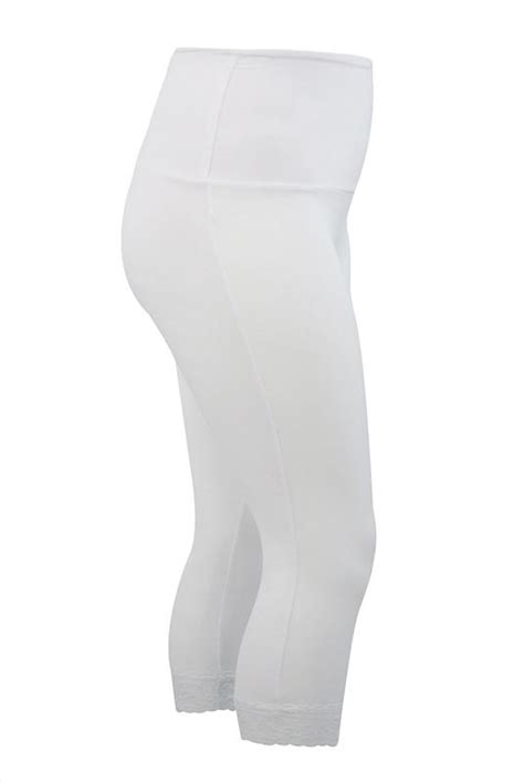 White Tummy Control Cropped Leggings With Lace Trim Plus Free