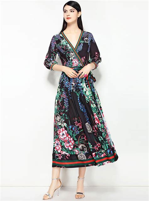 V Neck Floral Printed Pleated Maxi Dress Fancylooks