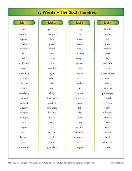 Fry 1000 Sight Word List Printable
