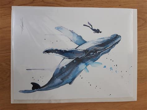 Freediver With Humpback Whale Watercolor Painting Print By Slaveika