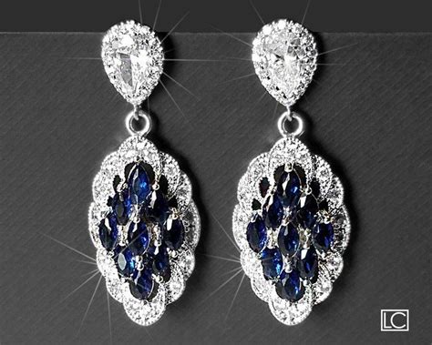 Navy Blue Bridal Earrings Marquise Wedding Earrings Sapphire Cubic