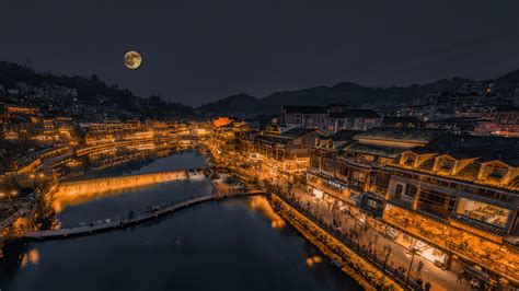 Full Moon 4k Ancient City City Lights Ancient Town Fenghuang