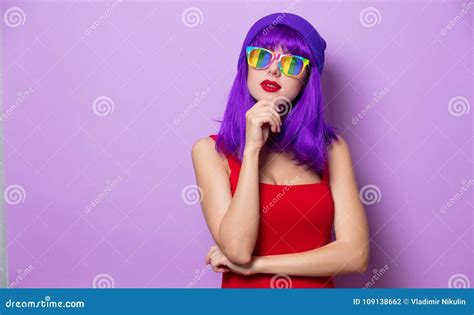Girl With Purple Hair And Rainbow Eyeglasses Stock Photo Image Of