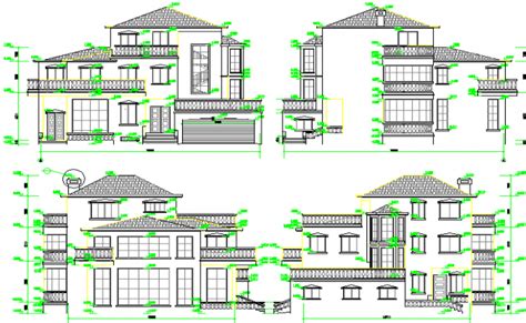 All Sided Elevation Of Two Flooring Multi Family Bungalow Design Dwg File Bungalow Design