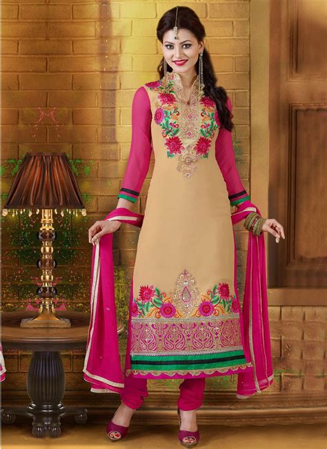 Cream And Pink Georgette Resham Churidar Suit