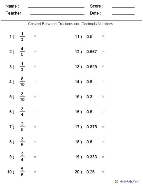 Fraction worksheets from math fractions worksheets, source:commoncoresheets.com. Converting Between Fractions & Decimals Worksheets ...