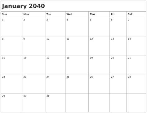 January 2040 Month Calendar