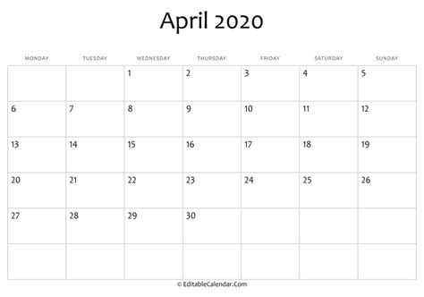 Download Blank April Calendar 2020 Word Version