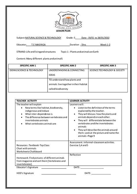 Grade 5 Ns Lesson Plans Term 1 Subjectnatural Science And Technology