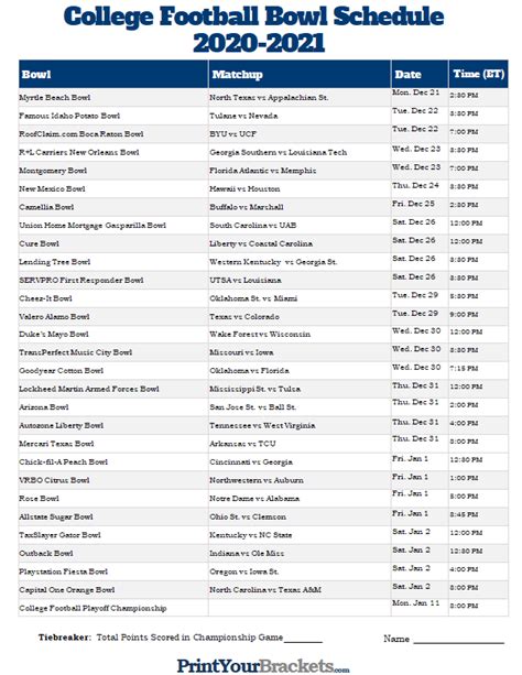 College Football Bowl Games Printable Schedule Pdf Printable Online