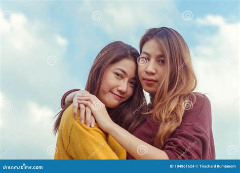 Lgbt Lesbian Women Couple Moments Happiness Lesbian Women Couple Together Outdoors Concept