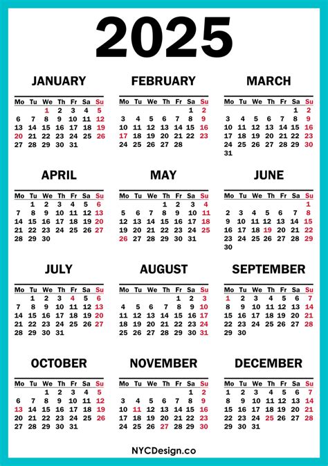 2025 Calendar With Us Holidays Printable Free Turquoise Blue Monday