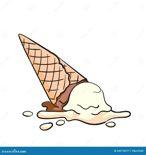 Dropped Ice Cream Doodle Two Scoops In Waffle Cone Isolated Clipart On