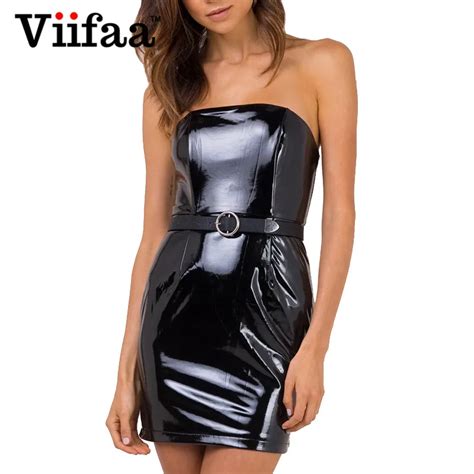 Buy Viifaa Sexy Strapless Faux Leather Black Dress Women Bodycon Club Dress Pu