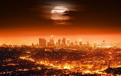 Free Download Usa City Lights Night Los Angeles Skyline Full Moon Moon